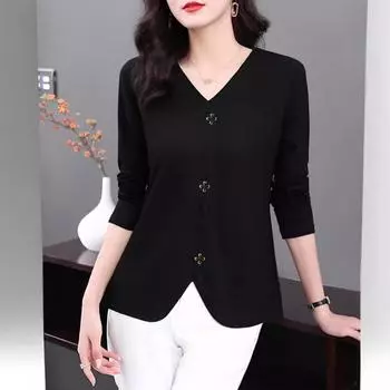 Футболка большого размера с длинными рукавами для женщин, женская осенняя тонкая свободная внутренняя рубашка, новая модная, замедляющая старение, утягивающая футболка M чёрный