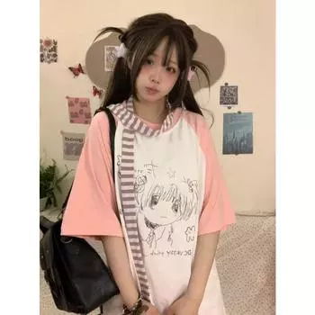 Футболка большого размера с графическим принтом в виде мультфильма и шарфом Женская футболка в стиле харадзюку fairycore 2000-х годов y2k гранж готическая эстетика корейская ткань S
