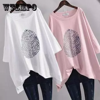 Футболка большого размера с коротким рукавом, женская летняя одежда, корейский свободный тонкий белый топ с принтом, женский свитер XXXXL белый