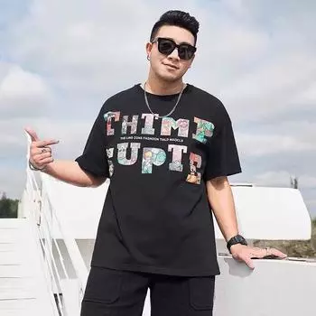Футболка большого размера с короткими рукавами, мужская футболка с большими свободными буквами и мультяшным принтом, хлопковая повседневная рубашка с круглым вырезом, топы M