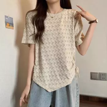 Футболка большого размера с короткими рукавами и завязками на талии для женщин, свободный крой, прикрывающий живот, утягивающий и шикарный топ L абрикосовый