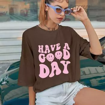 Футболка большого размера с красочным графическим принтом HAVE A Good DAY, модная, забавная, свободная футболка с улыбкой, женская мода, повседневный эстетический топ S чёрный