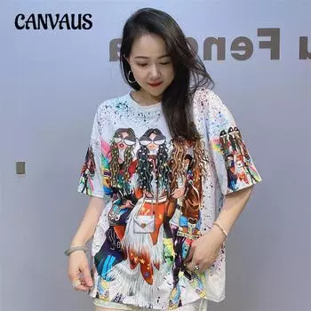 Футболка большого размера с круглым вырезом и короткими рукавами, женская летняя, с ярким принтом, повседневная, свободная, с бисером, с короткими рукавами One Size белый