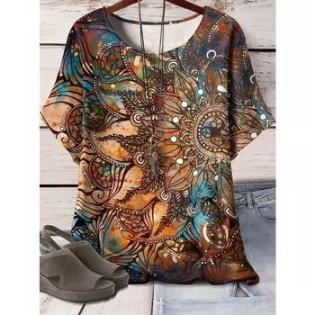 Футболка большого размера с круглым вырезом и коротким рукавом, повседневная, с цветочным принтом - мягкая, средней эластичности, полиэстеровая ткань, случайный принт, весна и лето XL