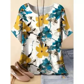 Футболка большого размера с круглым вырезом и коротким рукавом, повседневная, с цветочным принтом - мягкая, средней эластичности, полиэстеровая ткань, случайный принт, весна и лето XL
