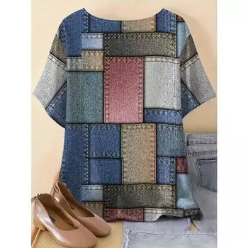 Футболка большого размера с круглым вырезом и коротким рукавом, с принтом в стиле пэчворк - мягкая полиэстеровая ткань средней эластичности, женская свободная одежда на весну и лето XL светло-синий