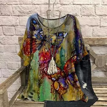 Футболка большого размера с принтом бабочек, женская, ретро, с круглым вырезом, с коротким рукавом, с 3D-принтом, повседневные футболки 7XL
