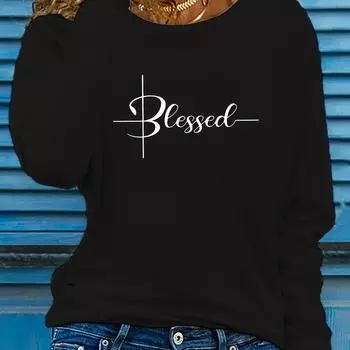 Футболка большого размера с принтом «благословение», повседневные топы с круглым вырезом и длинными рукавами на весну и осень, женская одежда больших размеров S
