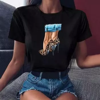 Футболка большого размера с принтом и короткими рукавами из чистого хлопка, летняя, свободного покроя, с высоким каблуком, большого размера для женщин S