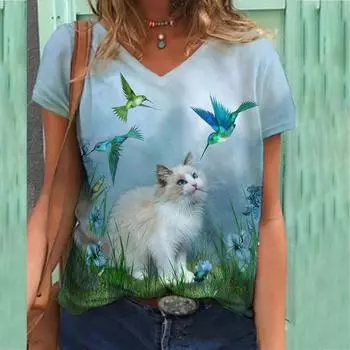 Футболка большого размера с принтом «Кошка, птица, цветок», 3D-принт, женская футболка с короткими рукавами и V-образным вырезом с принтом, 3D-принт 6XL