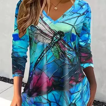 Футболка большого размера с принтом стрекозы и V-образным вырезом, длинными рукавами, повседневная, идеально подходит для любого сезона S