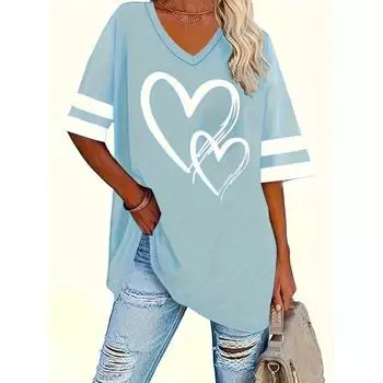 Футболка большого размера с принтом в виде сердца и полосок, повседневный топ с коротким рукавом для весны и лета, женская одежда больших размеров S