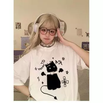 Футболка большого размера с рисунком в виде сердца и кота на поясе, женская футболка, топ harajuku fairycore 00s y2k гранж готическая эстетика корейская ткань S чёрный