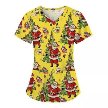 Футболка большого размера с V-образным вырезом и карманами для женщин, рабочая форма, одежда для медсестры, оранжевая, с принтом банана, женская блузка, медицинская форма, рубашки S