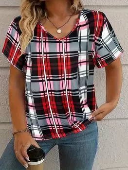 Футболка большого размера с V-образным вырезом и коротким рукавом, клетчатый принт, для весны и лета, женская одежда S
