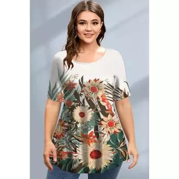 Футболка большого размера свободного кроя женская летняя с коротким рукавом и круглым вырезом с цветочным принтом 3D Топ свободного покроя женская одежда футболки женские S