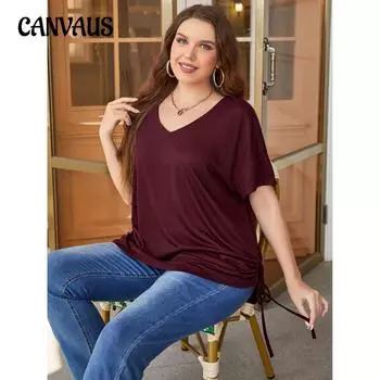 Футболка большого размера, топ с короткими рукавами, женская летняя однотонная свободная футболка с v-образным вырезом 1XL малиновый