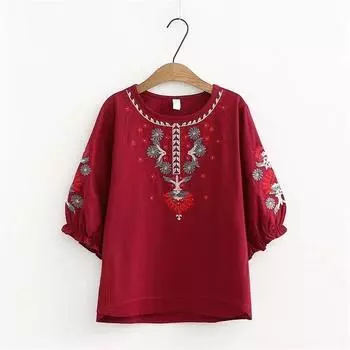Футболка большого размера в стиле ретро из чистого хлопка с рукавом пять четвертей для женщин на лето, свободная, утягивающая, модная, с художественной вышивкой M красный