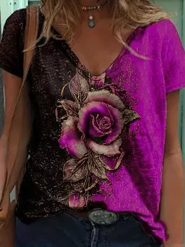 Футболка большого размера, женская футболка с принтом роз, коротким рукавом, V-образным вырезом, средней эластичности S