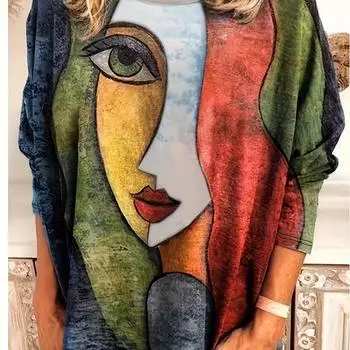 Футболка большого размера, женская, с абстрактным принтом, длинным рукавом, круглым вырезом, средней эластичности S