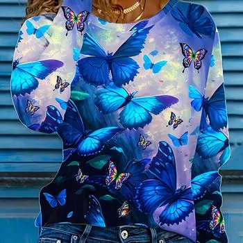 Футболка большого размера, женская, с длинным рукавом, круглым вырезом, слегка эластичная, с узором «бабочка» S