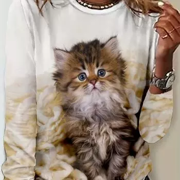 Футболка большого размера, женская, с милым принтом кота, с длинными рукавами и круглым вырезом, из микроэластичной ткани S