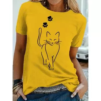 Футболка большого размера, женская, с милым принтом кота и лапки, с коротким рукавом, круглым вырезом, средней эластичности XXS