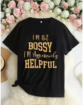 Футболка большого размера, женская, с принтом в виде лозунга, с коротким рукавом и круглым вырезом, слегка эластичная футболка 1XL чёрный