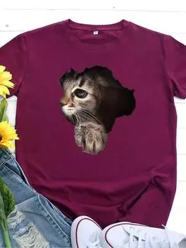 Футболка Break Out Hole Cat Print Женская футболка с коротким рукавом и круглым вырезом Свободная летняя женская футболка Топы Camisetas Mujer S красный