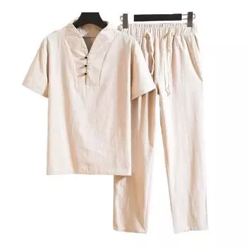 Футболка, брюки, костюм, модные карманы, пуговицы, мужской летний спортивный костюм, однотонный комплект из рубашки и брюк, мужской комплект из рубашки и брюк, мужская одежда 4XL хаки