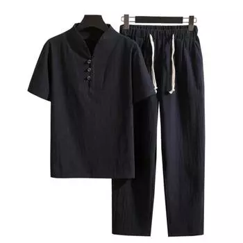Футболка, брюки, костюм, модные карманы, пуговицы, мужской летний спортивный костюм, однотонный комплект из рубашки и брюк, мужской комплект из рубашки и брюк, мужская одежда M чёрный