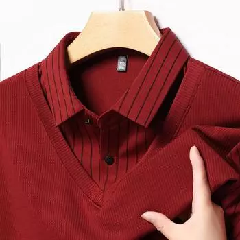 Футболка Business Fake Two для мужчин с длинными рукавами и воротником-лацканами, средняя, с воротником-поло, полосатая трикотажная рубашка M