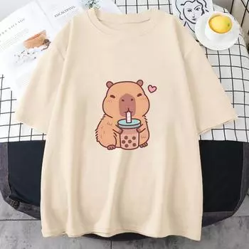 Футболка Capybara Loves Drinking Bubble Tea, 100% хлопок, летняя одежда, повседневная женская/мужская футболка Kawaii, милые рубашки для девочек, мода S хаки