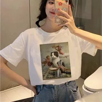 Футболка Cat Kawaii Harajuku для женщин, забавная футболка в стиле гранж с рисунком, эстетическая футболка в корейском стиле Ullzang S белый