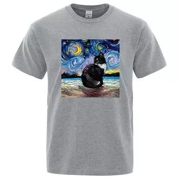 Футболка Cat Starry Sky Universe Funny, мужская, повседневная, дышащая, летняя, свободная футболка большого размера S