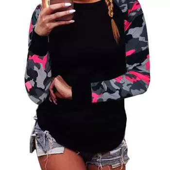 Футболка Chic Camo Print с длинными рукавами и круглым вырезом: Комфорт в любое время года, стильный цветовой блок, долговечность, простота ухода S