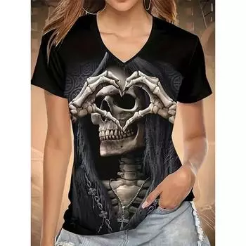 Футболка Chic Skull Black женская с V-образным вырезом и коротким рукавом, летняя повседневная футболка с принтом, пуловер S белый