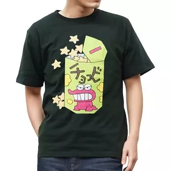Футболка Chocobi с коротким рукавом и принтом персонажей, черная [Crayon Shinchan], Shin-chan Waniyama-san, мужская чёрный