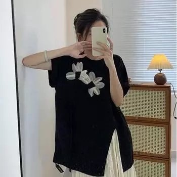 Футболка Cover The Belly Tide Split с трехмерным цветочным принтом и короткими рукавами, свободный летний топ средней длины для женщин 2XL чёрный