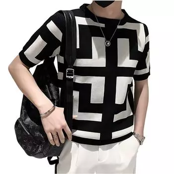 Футболка Cross Knit Short Geometric Trimble Korean Street Crew Round Large Pullover Sports Soft Mix and Match Stylish Ivory [X-cross] Мужская футболка, рукав,