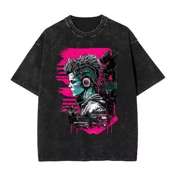 Футболка Cyber Punk с эффектом стирки мужская забавная игра Y2K смешные повседневные футболки с круглым вырезом принтованные оверсайз топы S
