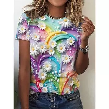 Футболка Daisy Rainbow, повседневный топ с круглым вырезом и короткими рукавами для весны и лета, женская одежда S