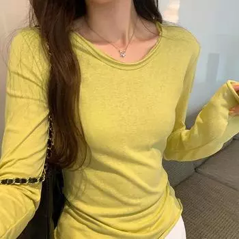 Футболка Design Sense Niche Slim Slim с длинными рукавами, женская осенняя новая мягкая вощеная рубашка с низом, универсальный топ S