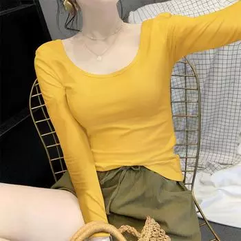 Футболка Design Sense с длинным рукавом из хлопка, женская, облегающая, с круглым вырезом, с глубоким вырезом, открывающим ключицу, с внутренней стороны, сверху и снизу, женская M серый