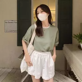 Футболка Design Sense Waffle с короткими рукавами для женщин на лето, новый свободный и универсальный круглый вырез, контрастный цвет, имитация двух частей, короткий рукав M чёрный