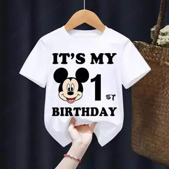 Футболка детская хлопковая с Микки Маусом, Disney Birthday Number1-9, одежда для мальчиков и девочек, детская кавайная мультяшная повседневная футболка для малышей 100