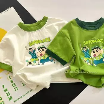 Футболка детская летняя из чистого хлопка с рисунком 2024 г. - короткий рукав, круглый вырез для мальчиков и девочек 80 cm