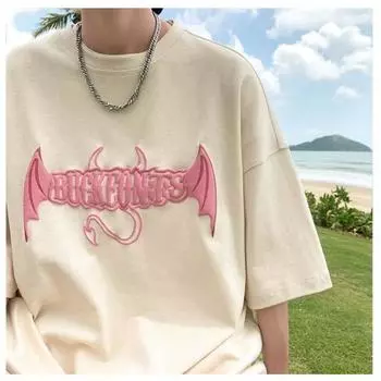 Футболка Devil Wings, мужская модная свободная футболка с короткими рукавами, летние и осенние новые американские топы High Street, мужские топы с короткими рукавами XL чёрный