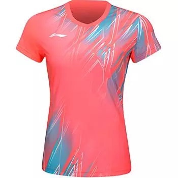 Футболка для бадминтона Li Ning Badminton Series с V-образным вырезом и принтом, удобная, дышащая, универсальная, с коротким рукавом, женские топы, флуоресцентно-камелия-красный AAYU150-3 L