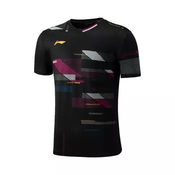 Футболка для бадминтона Li Ning Badminton Series с V-образным вырезом и принтом, удобная, дышащая, универсальная, с коротким рукавом, унисекс, топы черного цвета AAYV031-1 M